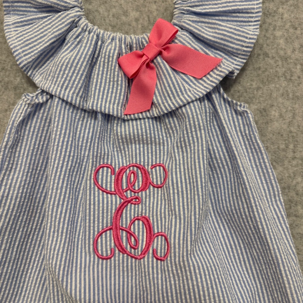 Caught Ya Lookin Blue Seersucker Monogram E Ruffle Dress 18 Months USA Made - Picture 2 of 6